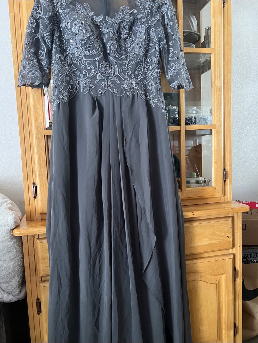 JJs House Charcoal Lace A-Line Gown with 3/4 Sleeves